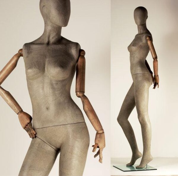 mannequin-woman-papier-mâché-arms-in-wood
